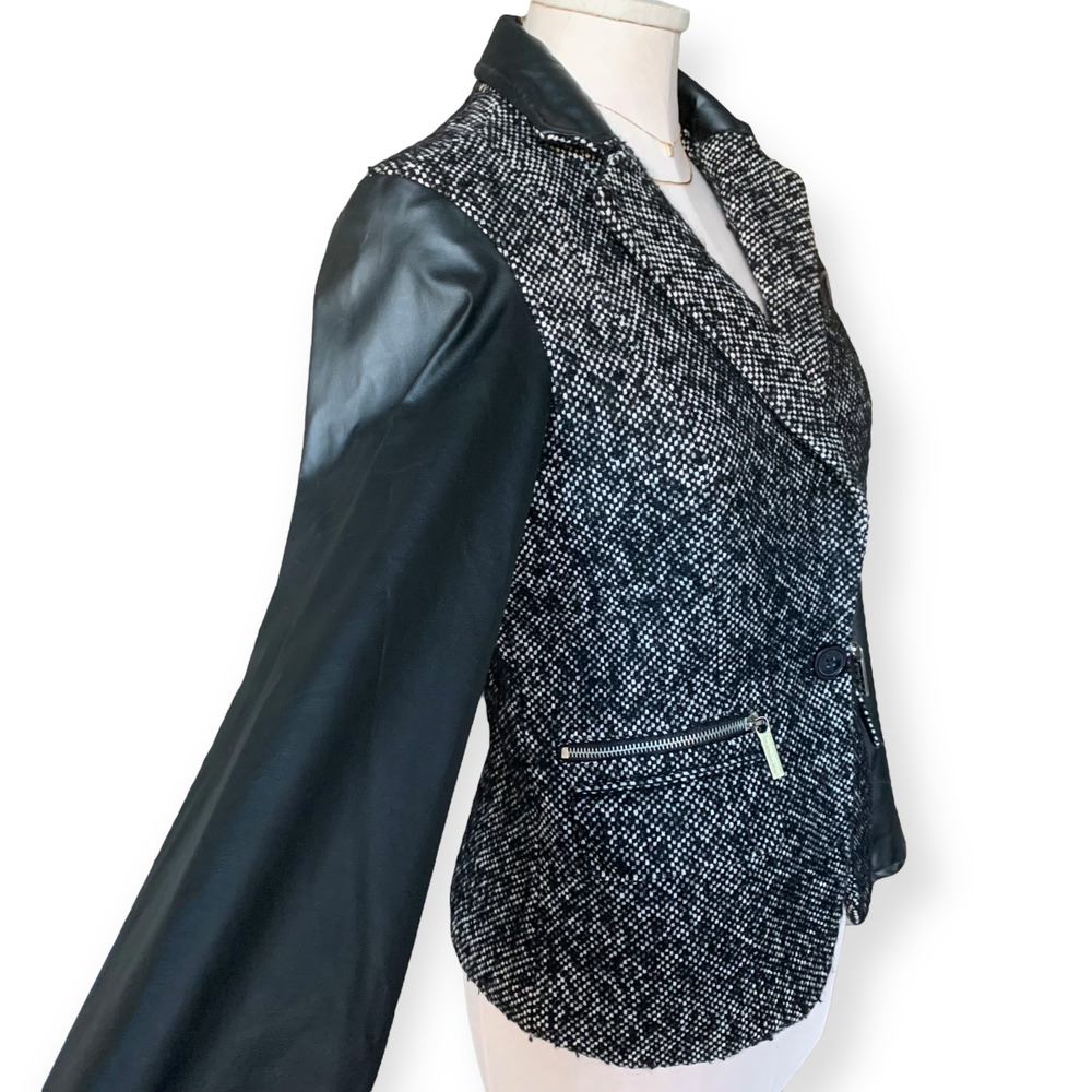 MICHAEL KORS Leather Wool Blend Tweed Sport Coat Jacket Blazer Black Fall Size 4 - Picture 3 of 11